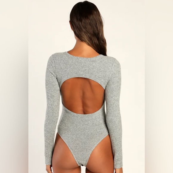 Lulu's Everyday Babe Heather Grey Ribbed Long Sleeve Cutout Bodysuit - Picture 3 of 8